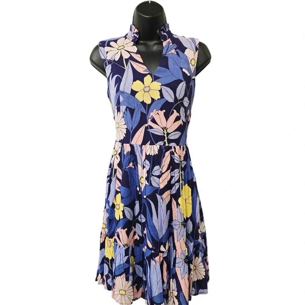NWT Tori Richard Paola Dress Navy Blue Floral Cotton Rayon Tiered XS 7627-WQ76 - Picture 1 of 8